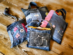Bags created by Jenny Langley from reclaimed materials
