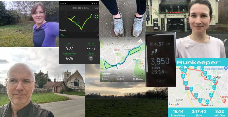 A montage of staff and trustees on their first runs. Smiling faces, screenshots from run-mapping apps, muddy trainers.