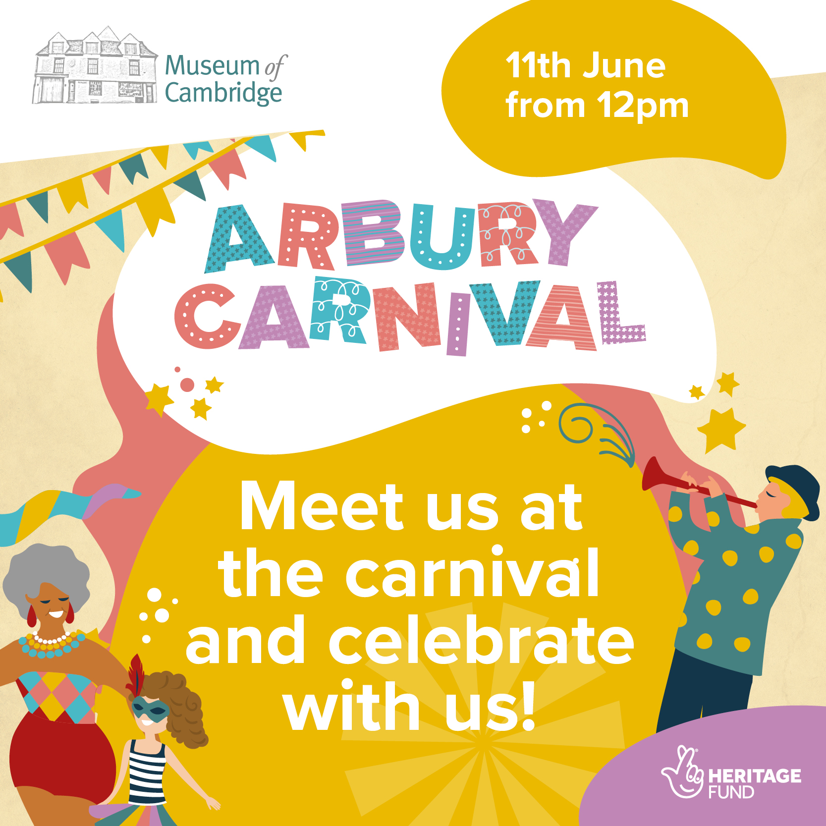 cartoon carnival characters with words arbury carnival, meet us at the carnival to celebrate with us
