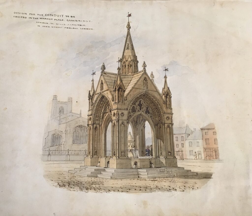 Water colour design of a large Victorian gothic style structure over a fountain.  