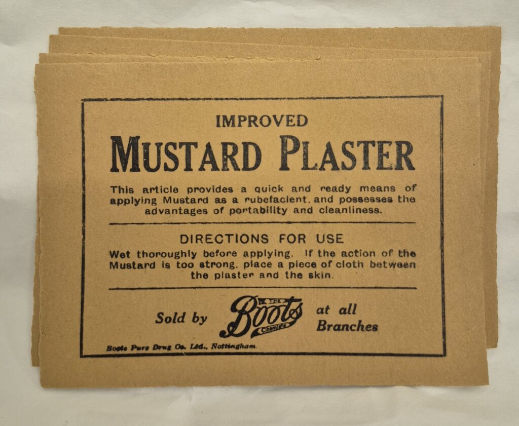 Stack of four brown pieces of card with black text writing 'Improved Mustard Plaster' also features directions for use and the logo of boots chemists.