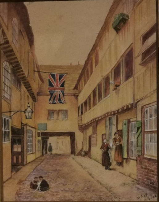 Water colour painting of a cobbled yard enclosed by building. A Union Flag hangs from one of the windows on the left-hand side. Their are 5 figures in the scene 2 children playing in the foreground, 2 women at the door and a figure in the distance leaving the yar.