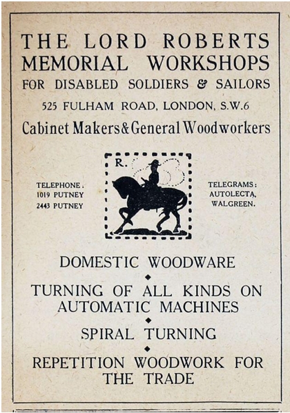 Cream poster with black text and line border. Text provides information about 'The Lord Roberts Memorial Workshops for Disabled Soldiers and Sailors' including address and telephone and telegram information. In the centre or the poster there is an all-black drawing of the side view of a man on a horse wearing a hat. The drawing has a dashed border around it and the initial R is in the top left corner.
Beneath this illustration is a list of the woodwork services the workshops provide.