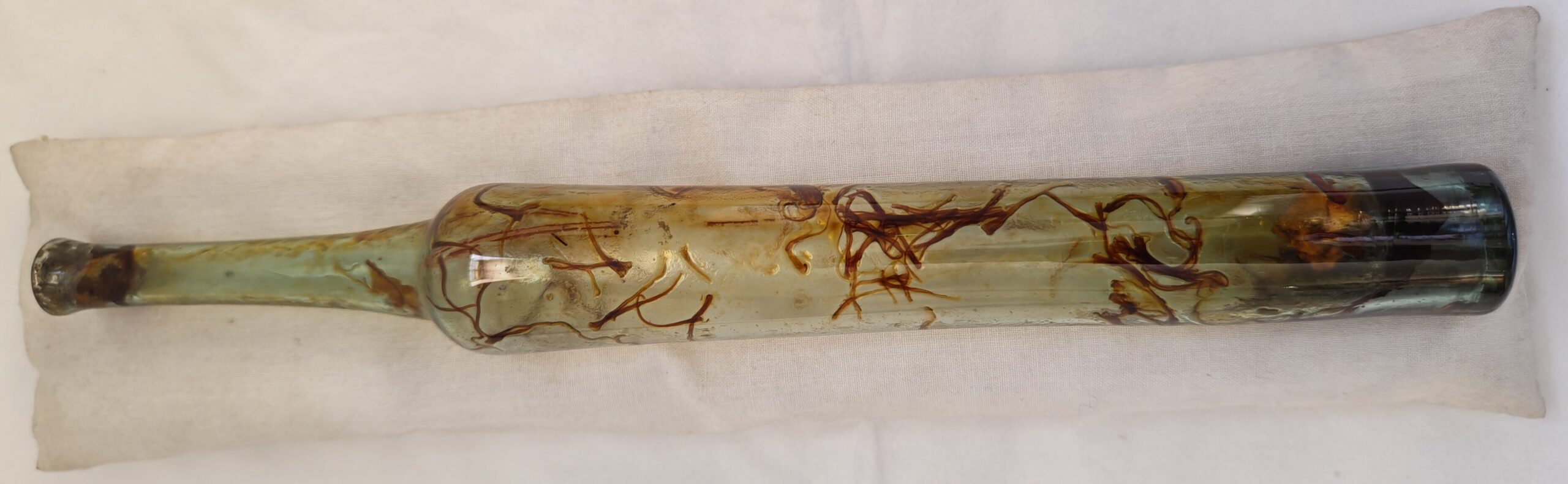 Long and thin glass bottle laid on a pillow. The bottle has a long, thin neck and tapers in slightly along the body. The glass has a light green hue with darker patches at both ends. The bottle has brown strands within the glass.