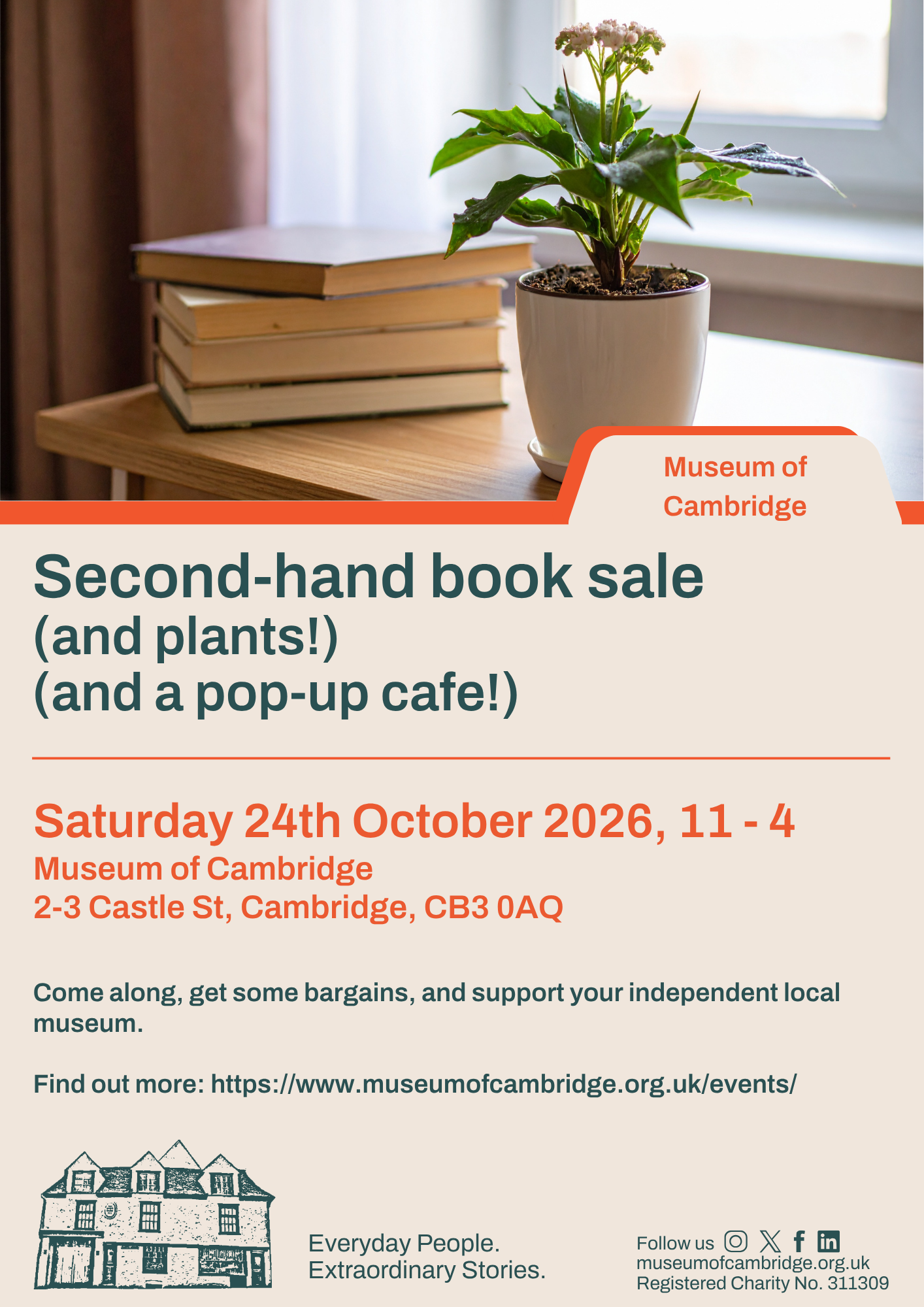 Poster advertising a second hand book sale and pop up cafe. 24th October 2026