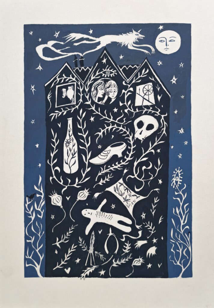Print of a house filled with illustrations of folkloric objects found at the museum of Cambridge including, a skull, bottle, shoe pin cushion and voodoo doll. In the window a figure of a man with a lantern, a person whispering to another's ear and a spinning wheel. 

The background is midnight blue and the house is navy. The objects and illustrations are created from negative space and are white. Throughout the piece flowers and foliage encircle the objects.